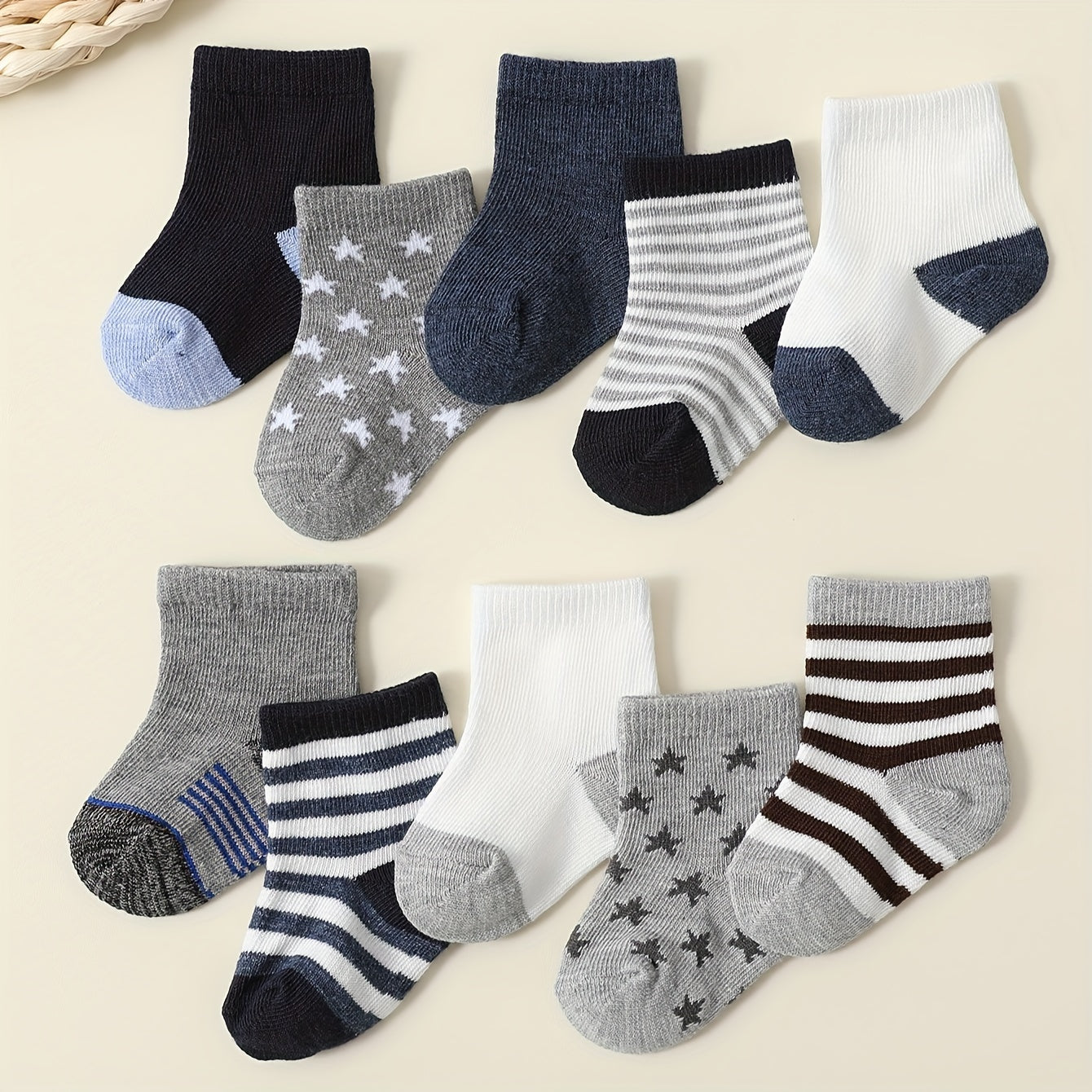 10pcs Boys' Mid-Calf Socks - Star, Striped & Color Block Patterns, Soft Knit Fabric, All-Season Comfort for Youngsters & Youngsters, Youngsters Socks