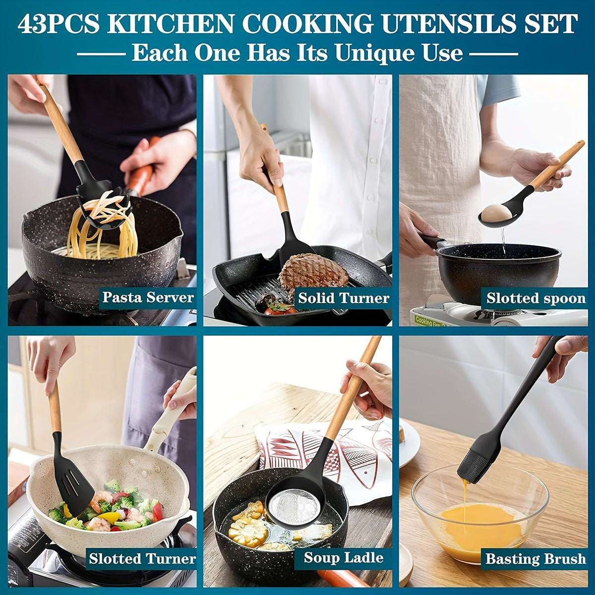 43pcs Non-Stick Cookware Storage Bucket with Wooden Handles, Silicone Kitchen Utensils, Easy-To-Clean Kitchen Tools, Spatula And Spoon Set.