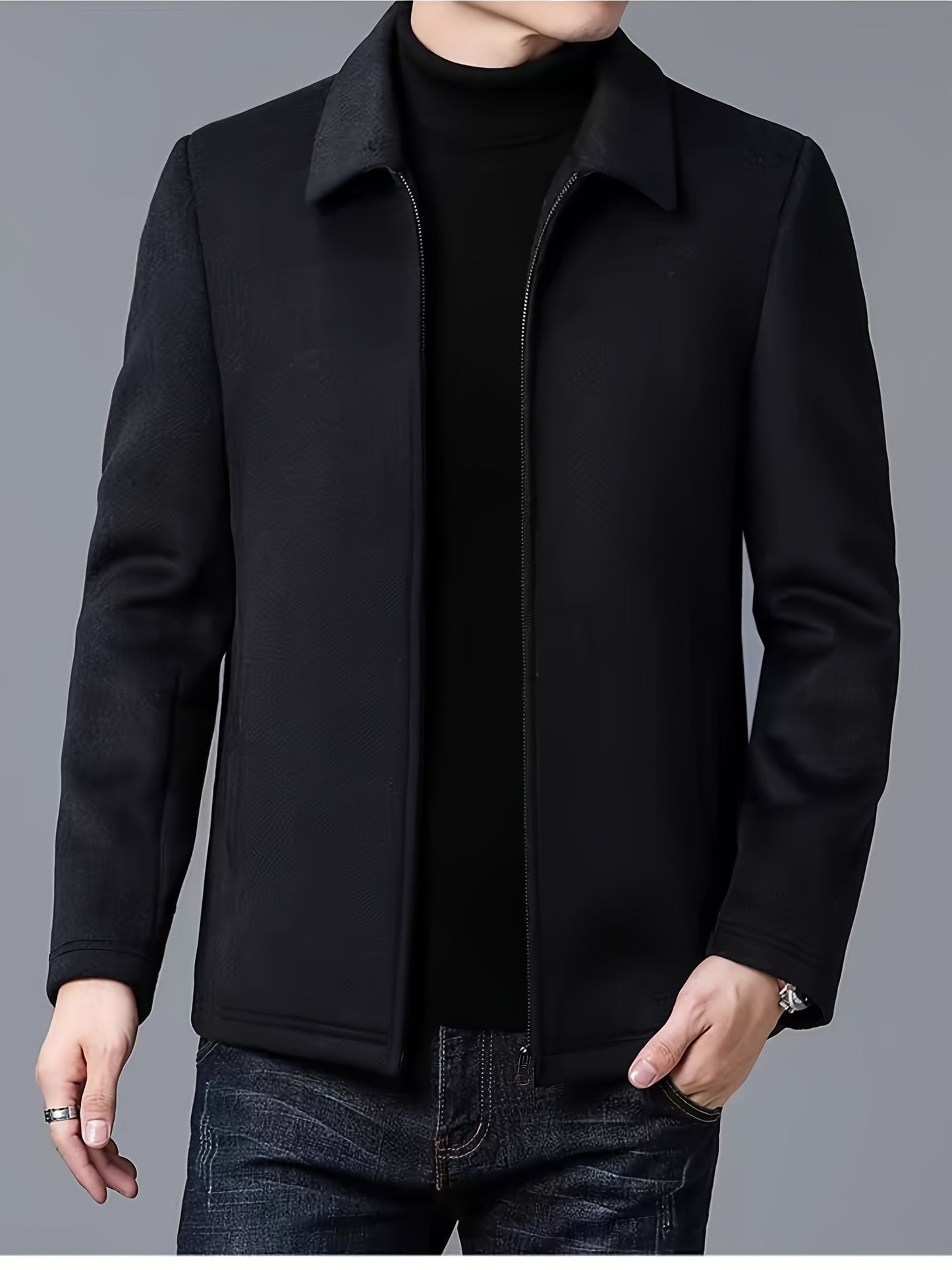 Men's Autumn and Winter Fleece Jacket with Zipper and Turn-up Collar