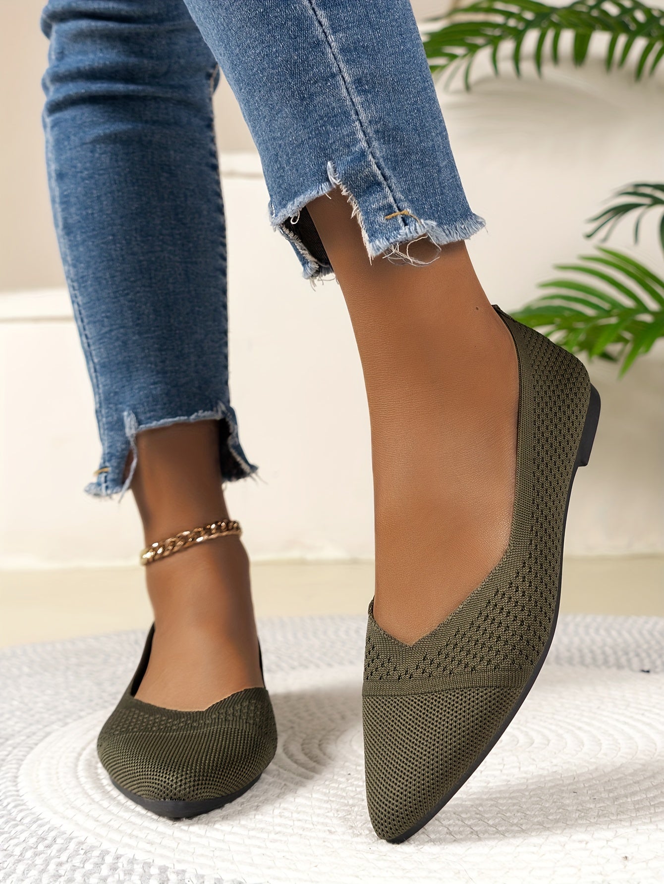Women's Fashion Flat Shoes, Casual Pointed Toe Knit Flats, Breathable & Comfort Slip-On Ballet Shoes For Daily Wear