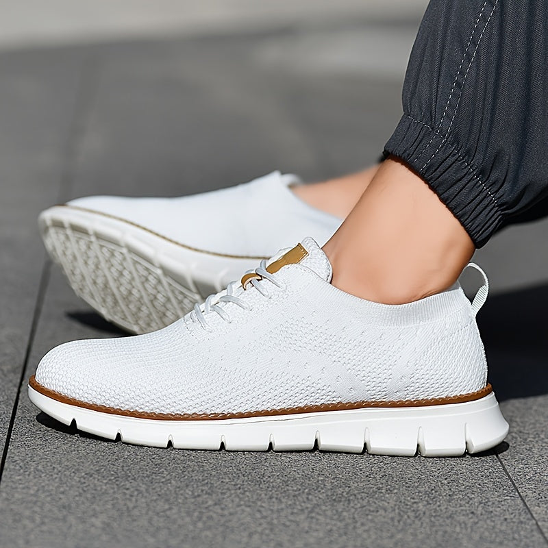 Men's Breathable Knit Business Casual Shoes - Beige with Brown Accents, Lace-Up, EVA Sole, Round Toe, Versatile for All Seasons, Dressy Shoes