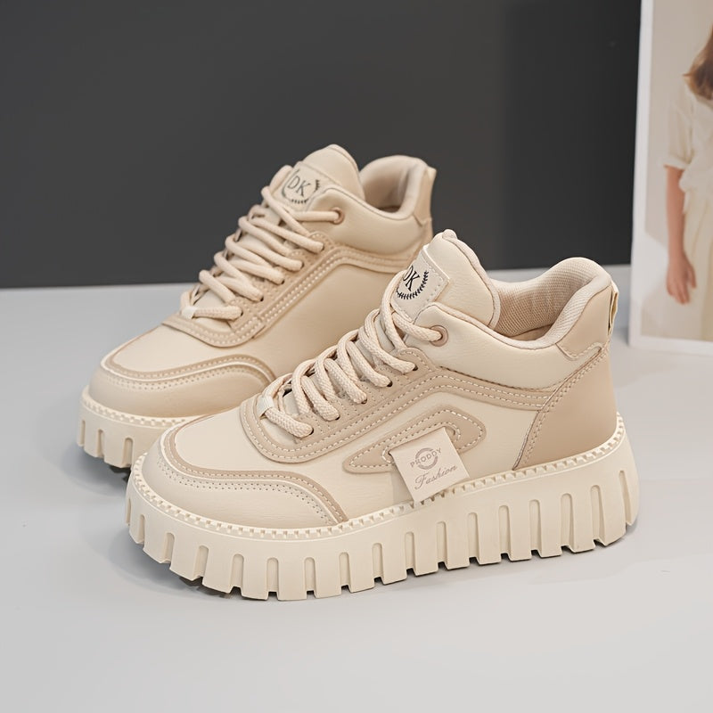 1 Pair Women'S Fashion Mid-Top Casual Sneakers, PU Upper, Fabric Lining, Rubber Sole, and EVA Insole, Lace-Up Design, with All-Season Versatile Athletic Shoes