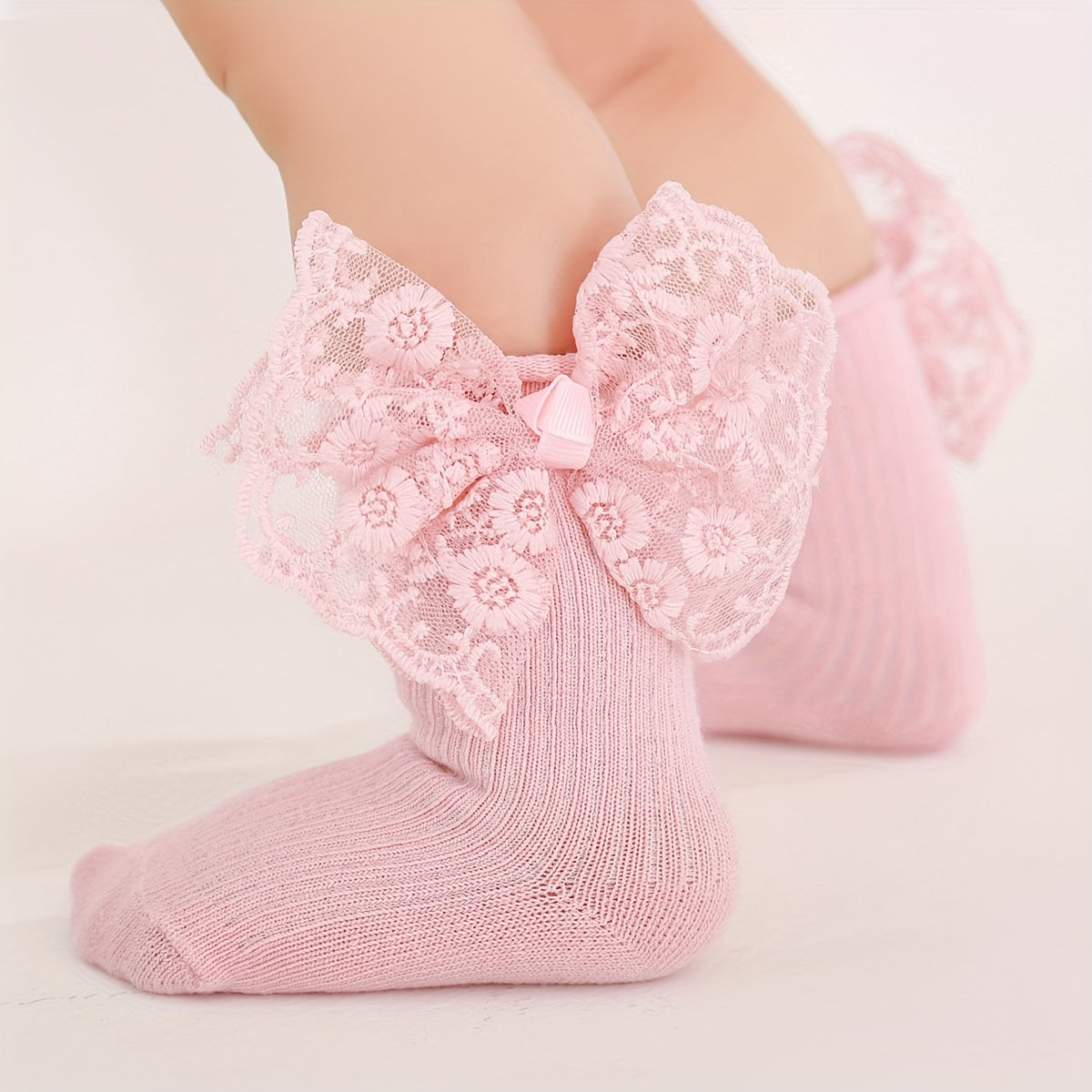 1 Set Baby Lace Bowknot Socks and Hairband, Polyester 95% Spandex 5%, All-Season Knit Fabric, Hand Wash Only, Perfect for Newborn, First Birthday Gift, 27g/m²