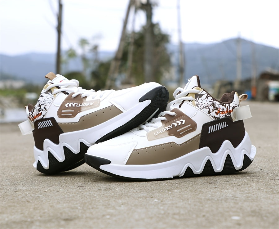 Men's High-Top Basketball Sneakers, Preppy Street Style, Solid Color with Cartoon Stripes, All-Season Lace-Up Sports Shoes, Faux Upper, Fabric Inner, Rubber Sole, for Running, Hiking Casual Wear, Outdoor Activities Shoes