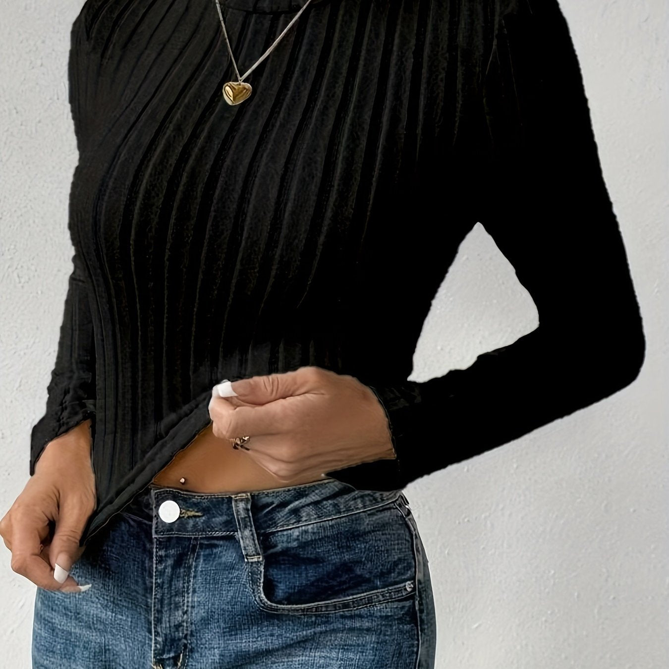 Fashion Ribbed Plain High Collar Long Sleeve Top Knitted Pullover