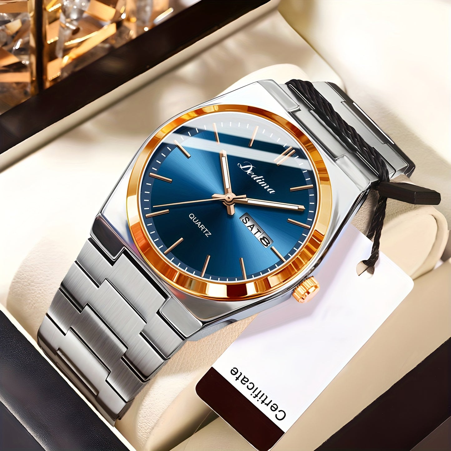 Elegant Men's Quartz Watch with Stainless Steel Band, Rivet Detail, and Dual Calendar - Non-Rechargeable Button Battery Included, DEDIMA