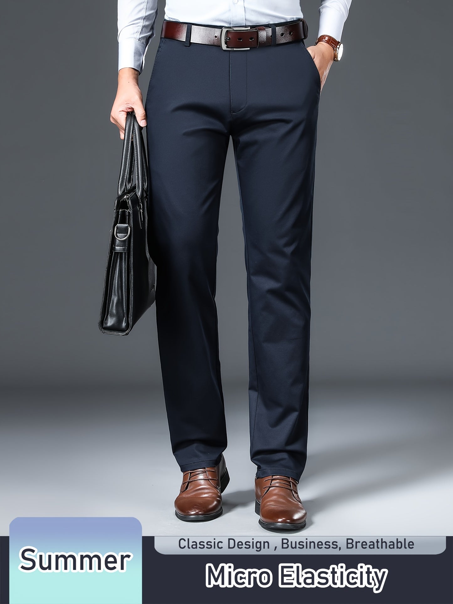 Men's Solid Pants With Pockets, Light Business Style Regular Fit Trousers For Outdoor Activities, Daily Wear For Spring And Autumn