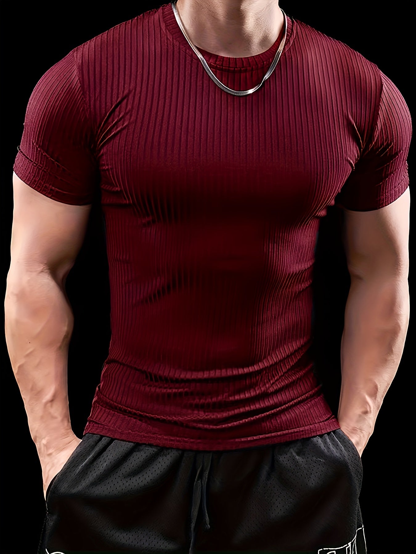 Men's Slim Fit Ribbed Short Sleeve T-Shirt - Stretchy Athletic Casual Wear, Green, Round Neck, Machine Washable, Muscle-Enhancing Design, Gym Shirts