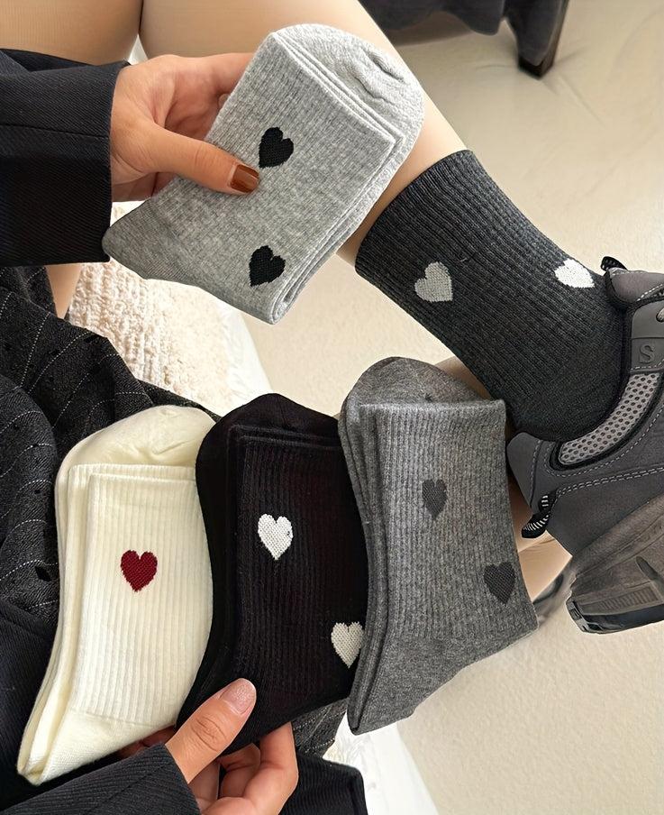 5 Pairs Cozy Women'S Knee-High Socks with Heart Pattern - Polyester and Spandex Blend, Knit Fabric, Machine Washable