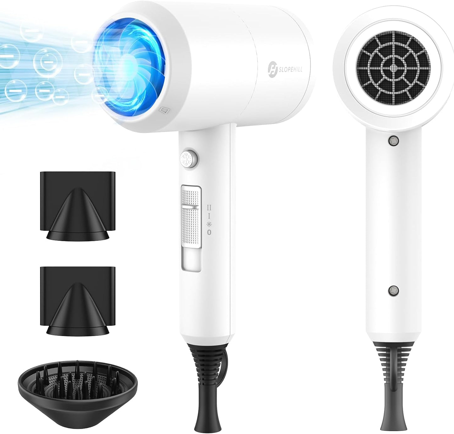 Slopehill Professional Ionic Hair Dryer, Powerful 1800W Fast Drying Low Noise Blow Dryer with 2 Concentrator Nozzle 1 Diffuser Attachments for Home Salon Travel