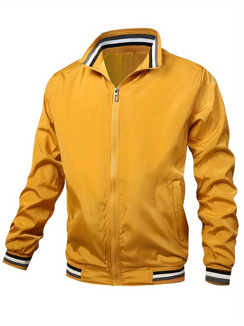 Lightweight And Trendy Men's Long Sleeve Zipper Jacket With Stand Collar, Pockets And Stripe Pattern Pieces, Suitable For Spring And Autumn Outdoors Activities