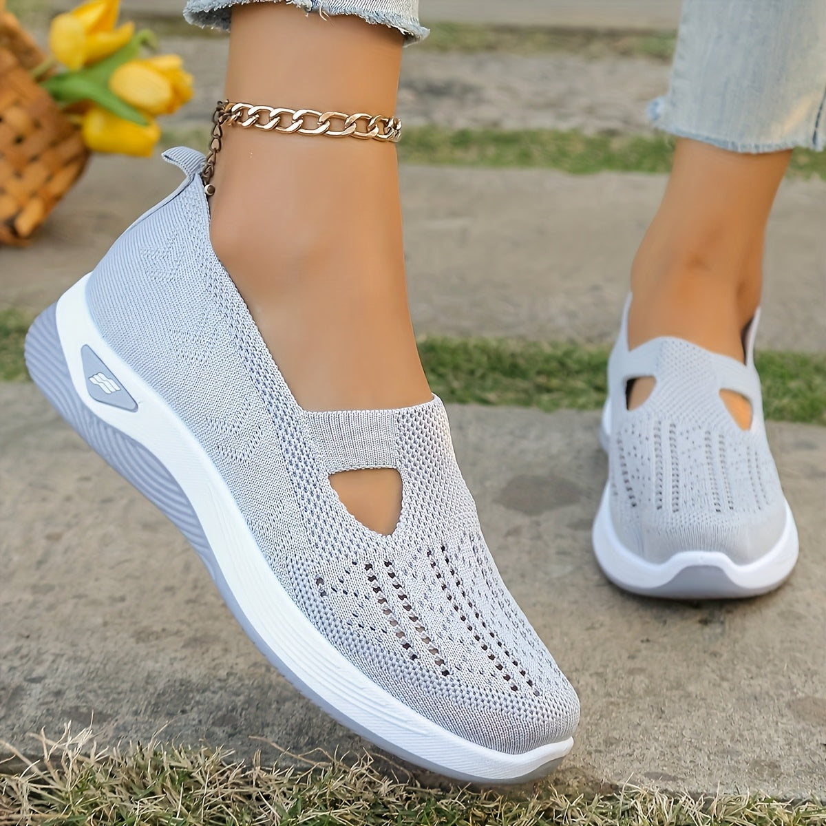 Women's Breathable Mesh Sneakers - Comfort Slip-On Walking Shoes, Soft PVC Sole, Fabric Insole & Lining, Stability Support for Spring/Summer Outdoor Casual Wear, Spring Summer Footwear|Cut-Out Patterns|Fabric Upper Shoes
