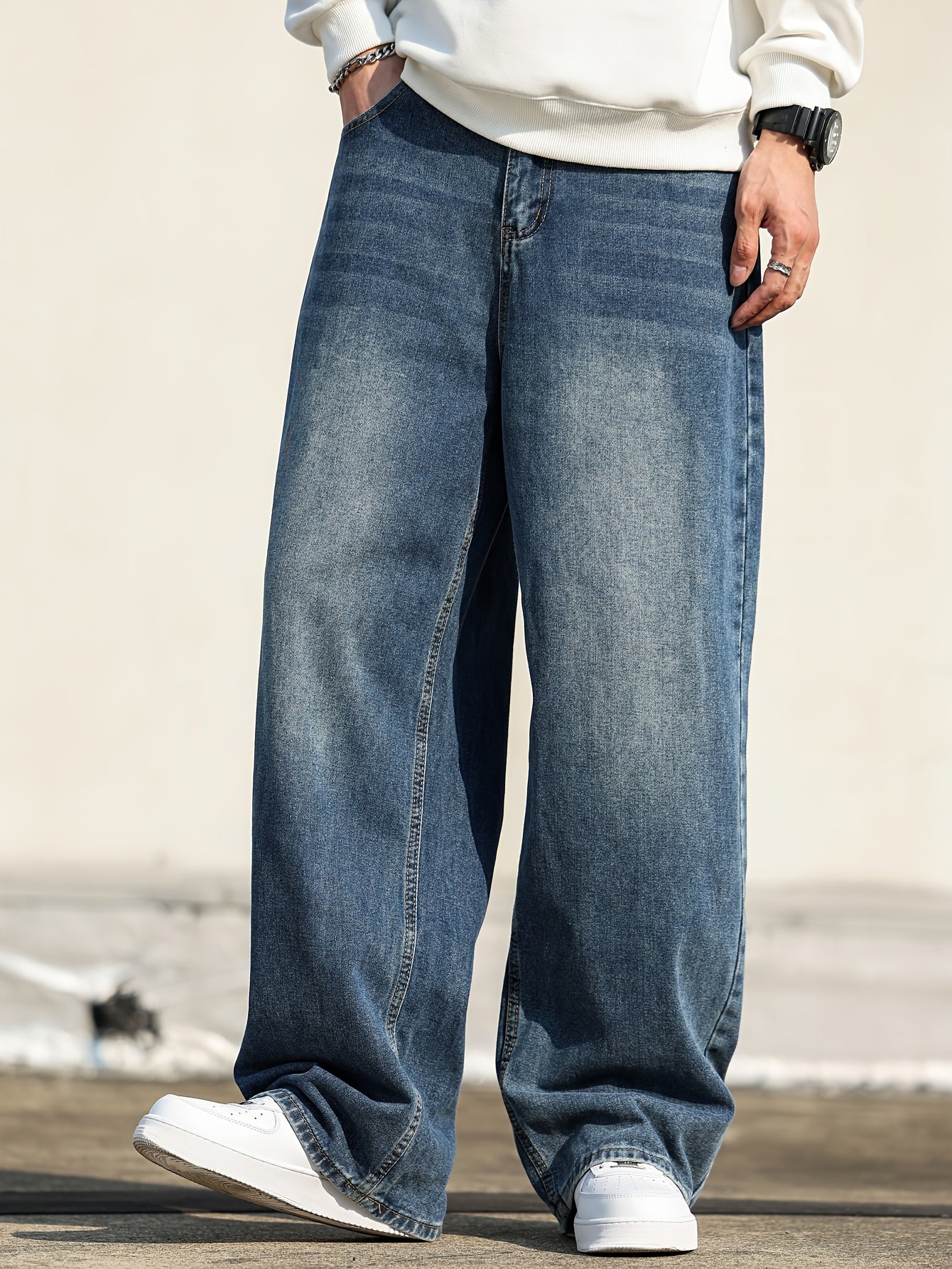 Men'S Casual Loose Fit Wide Leg Denim Jeans, Cotton Blend, Non-Stretch, Solid Color, with Pockets, for All-Season Wear, Fashionable Street Style Trousers