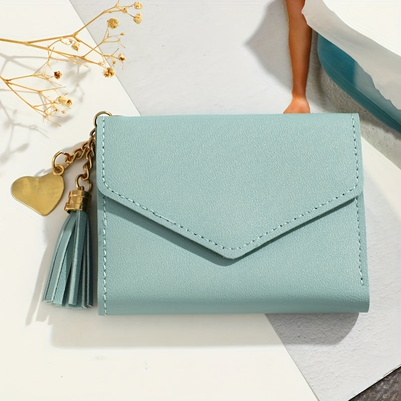 1pc Metal Heart & Tassel Decor Wallet Short Women Wallets Purse, Patchwork Fashion Panelled Wallets, Trendy Coin Purse