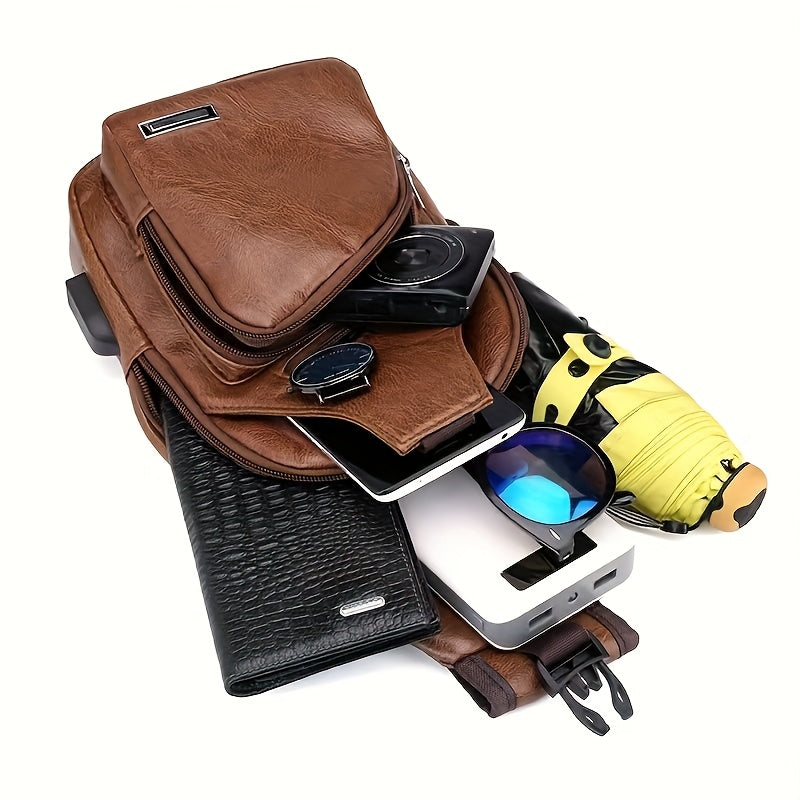 2025 New Men'S Fashion Chest Bag - Soft Faux Leather Anti-Theft Crossbody Bag with Multiple Compartments, Adjustable Strap Zipper Closure for Gym, Travel, Casual Outings (Brown), Secure Travel Pouch, Textured Finish