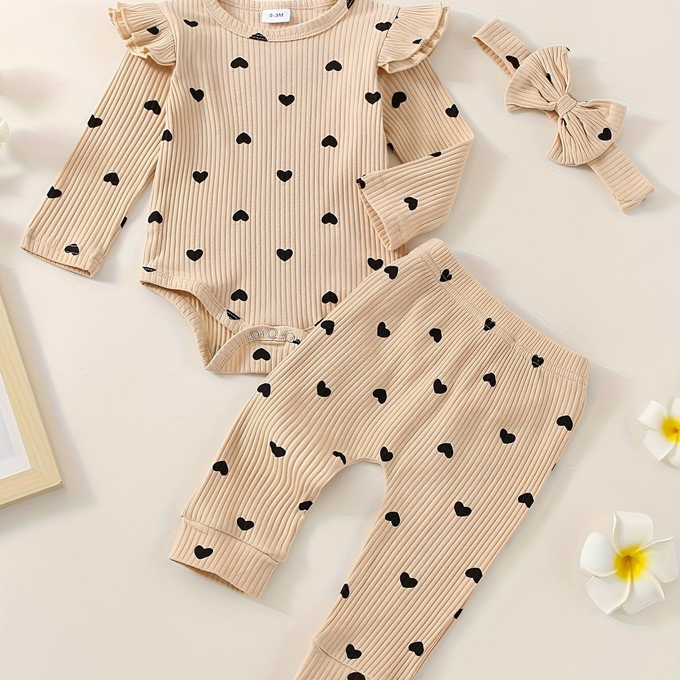3pcs Baby Girl Outfit Set, Cute Ribbed Ruffle Long Sleeve Romper & Pants, 95% Cotton 5% Spandex, Crew Neck Pullovers, Solid Color, Regular Fit, No Belt, Fall/Winter Knit Fabric, 0-18 Months, for Outdoor