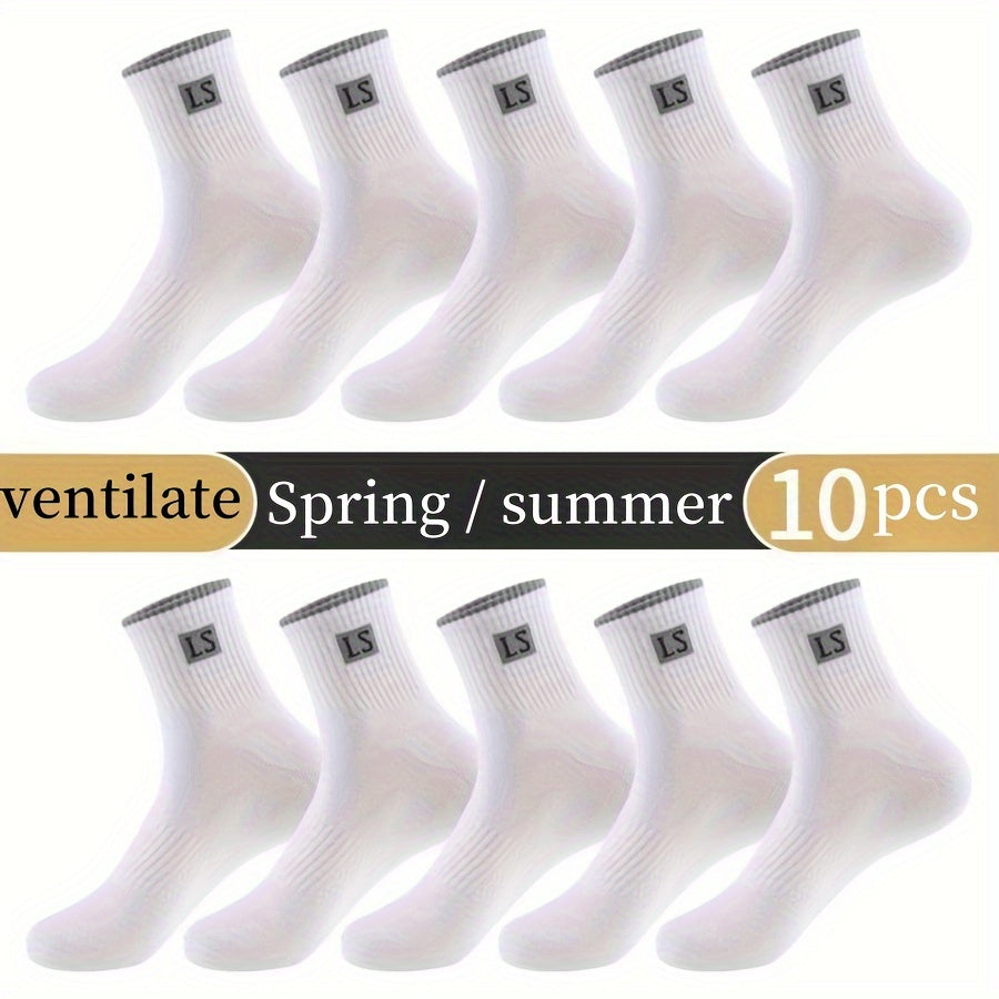 5/10 Pairs Of Men's Trendy Solid Crew Socks, Spring and Fall Breathable Comfy Casual Socks for Men's Outdoor Wearing All Seasons Wearing