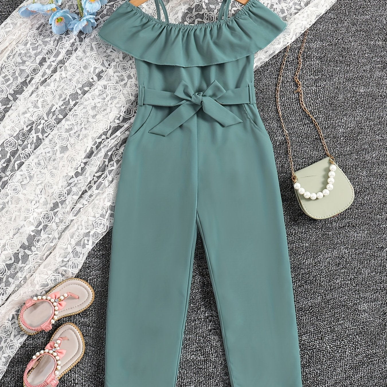 Girls Ruffle Cami Romper Belt Off Shoulder Նրբագեղ ամառային գարուն աշուն մանկական հագուստ
