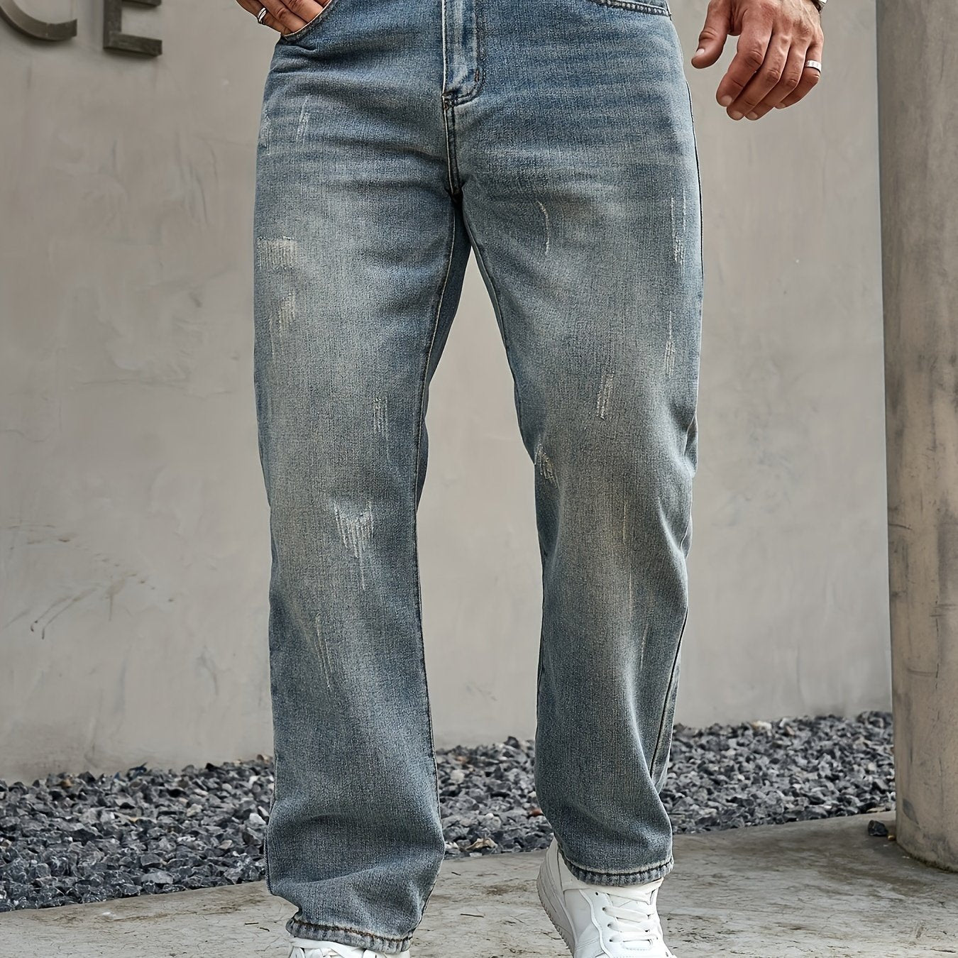 Men's Regular Fit Distressed Denim Jeans - Light Grey, Blend, Machine Washable, Year-Round Comfort & Style