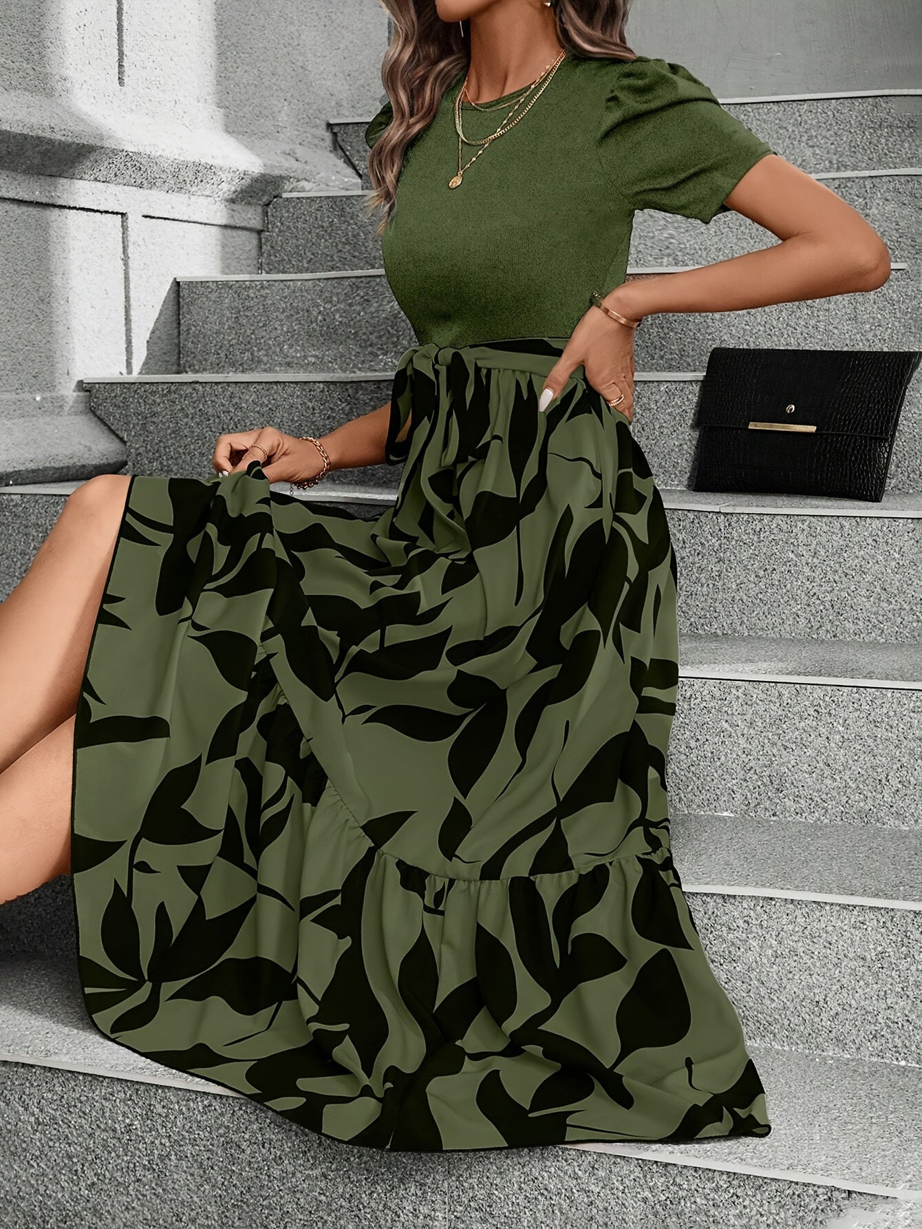 Print Midi Dress with Belt - Crew Neck, Short Sleeve, Non-Stretch Polyester - Machine Washable - Perfect for All Seasons