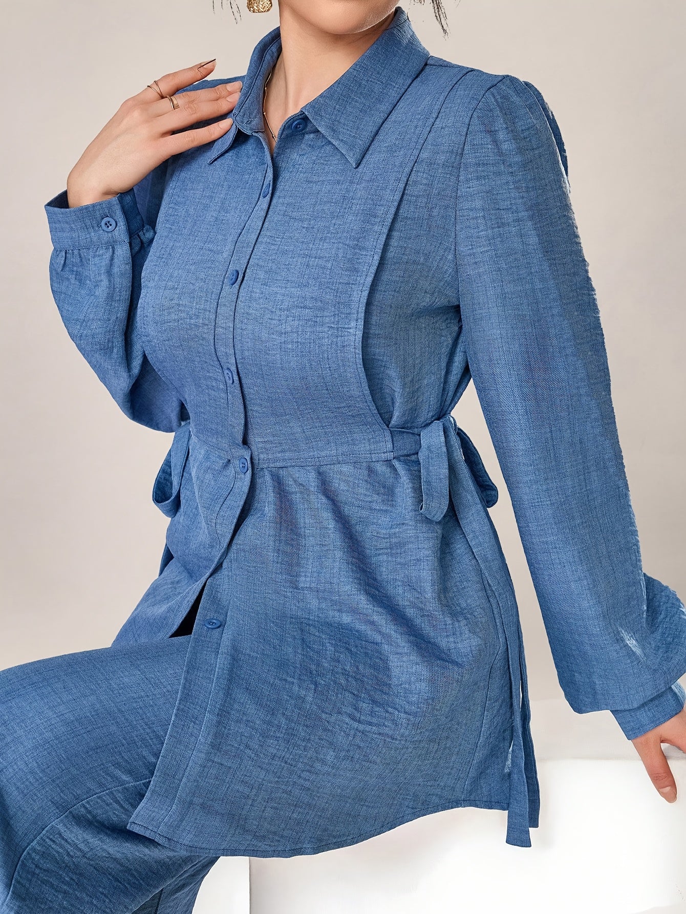 Stylish and Elegant Casual Two-Piece Women's Outfit with Side Tie Single-Breasted Shirt and Wide-Leg Pants for Office Wear