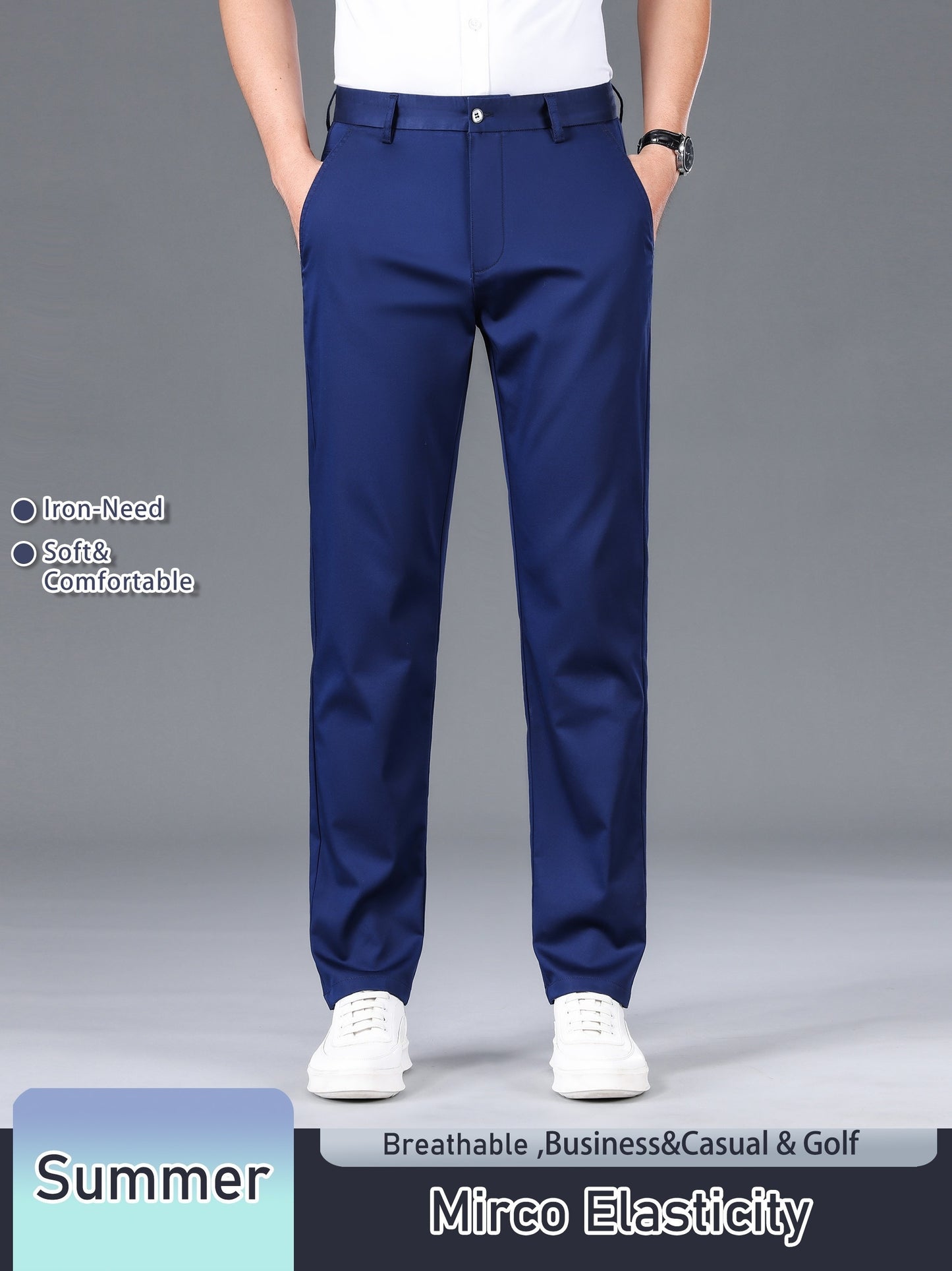 Men's Solid Color Straight Leg Business Style Cotton Blend Pants, Casual Comfy Breathable Outdoor Trousers As Gift