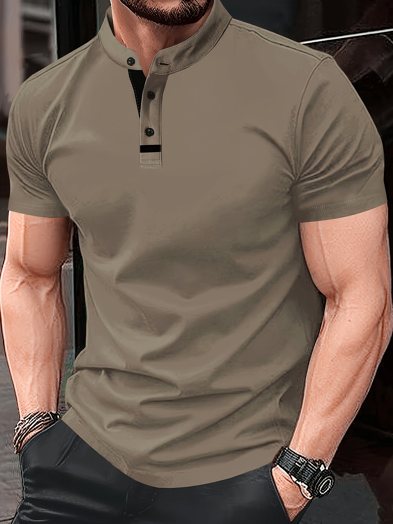Men's Casual Red Shirt - Short Sleeve, Round Neck with Button Detail, Lightweight Polyester Blend, Ideal for Golf & Casual Attire, Machine Washable