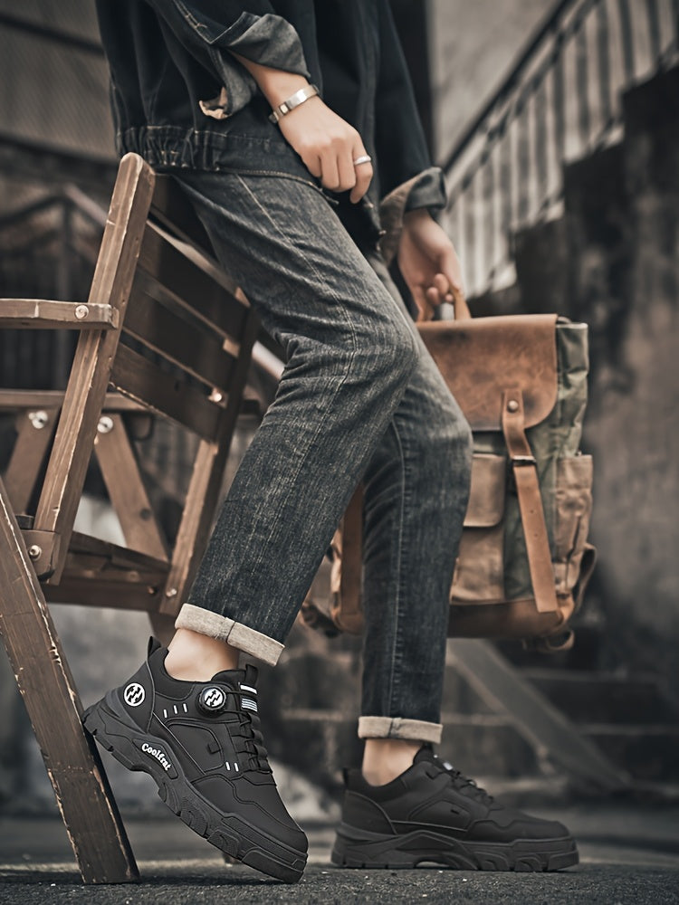 Men's Solid Color Skate Sneakers - Adjustable Rotating Buckle Straps, Slip-Resistant PVC Sole Durable PU Upper, Low-Top Lace-Up Design for Hiking, Walking, Daily Wear - All-Season Casual Streetwear Shoes, Skate Shoes