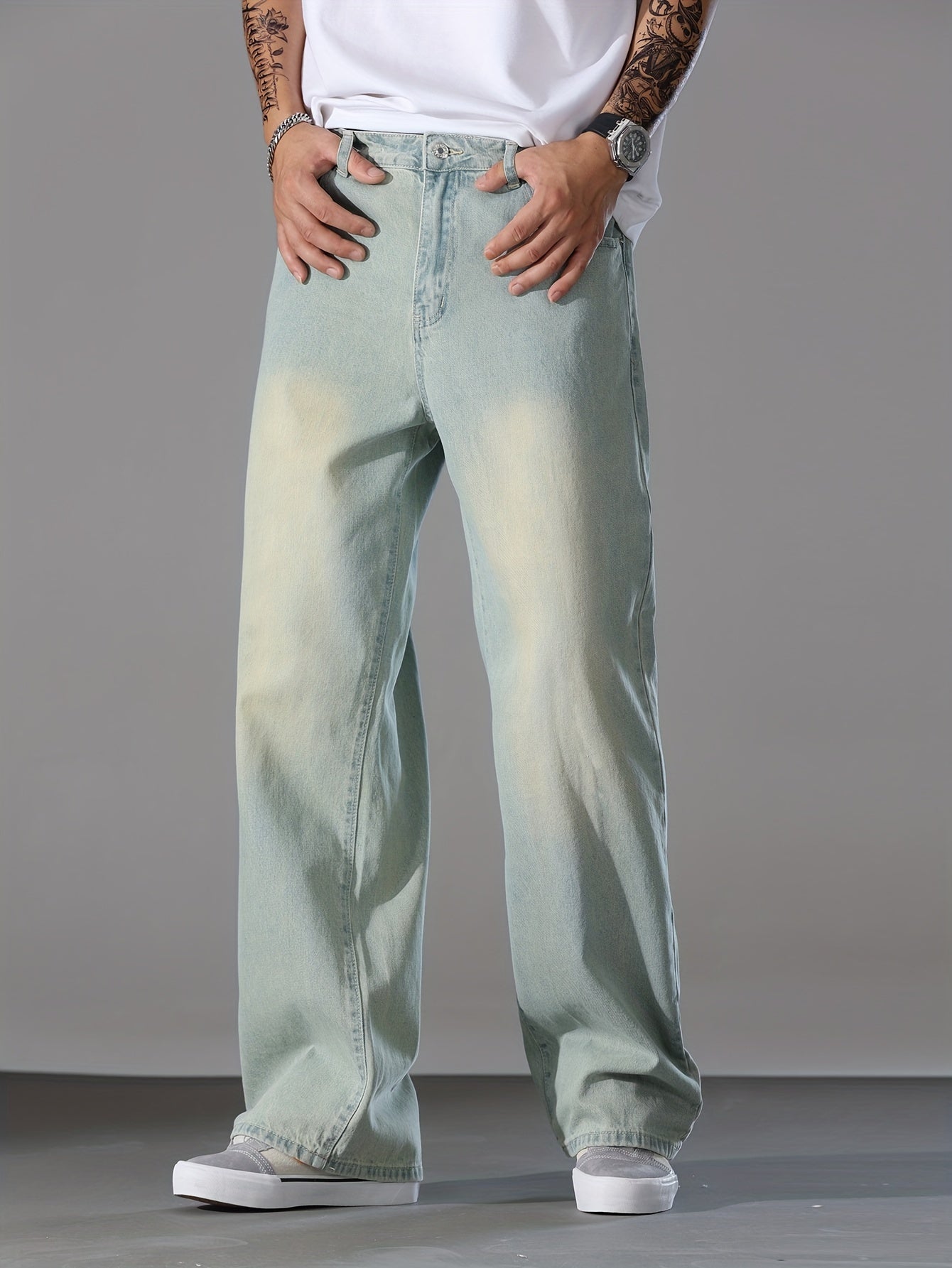 Men's Loose Solid Denim Barrel Pants With Pockets, Causal Cotton Blend Jeans For Outdoor Activities