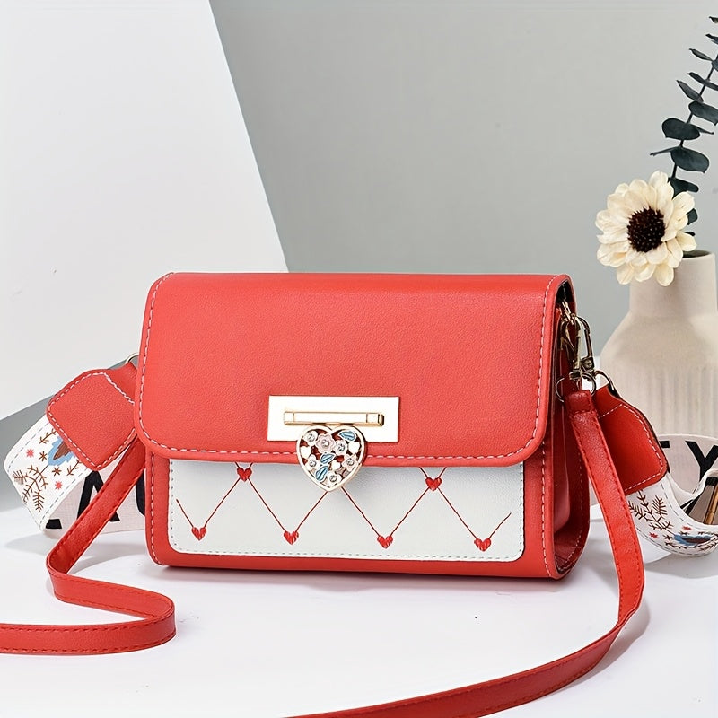 Chic Versatile Women’s Shoulder Bag with Cute Heart Pattern - Adjustable Strap, Magnetic Closure, in Pink, Green, Blue, Black, Casual Crossbody Bag | Playful Heart Design | Decorative Zipper Charm