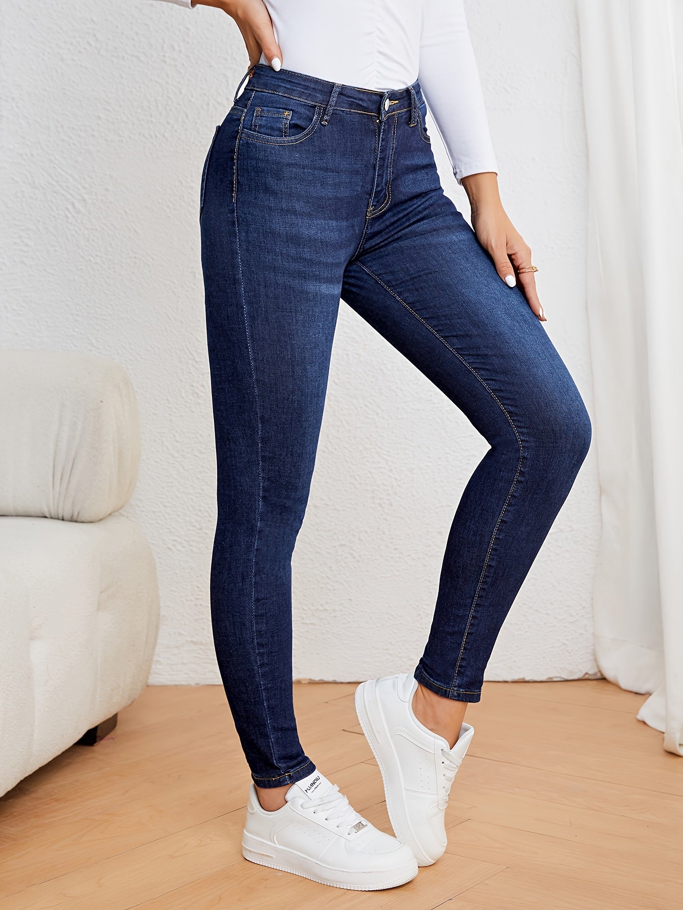 Women's Casual Plain Light Blue Skinny Jeans, Stretchy Denim Pants, Classic Design, High Waist Slim Fit For Everyday Fashion - Perfect For Fall & Winter