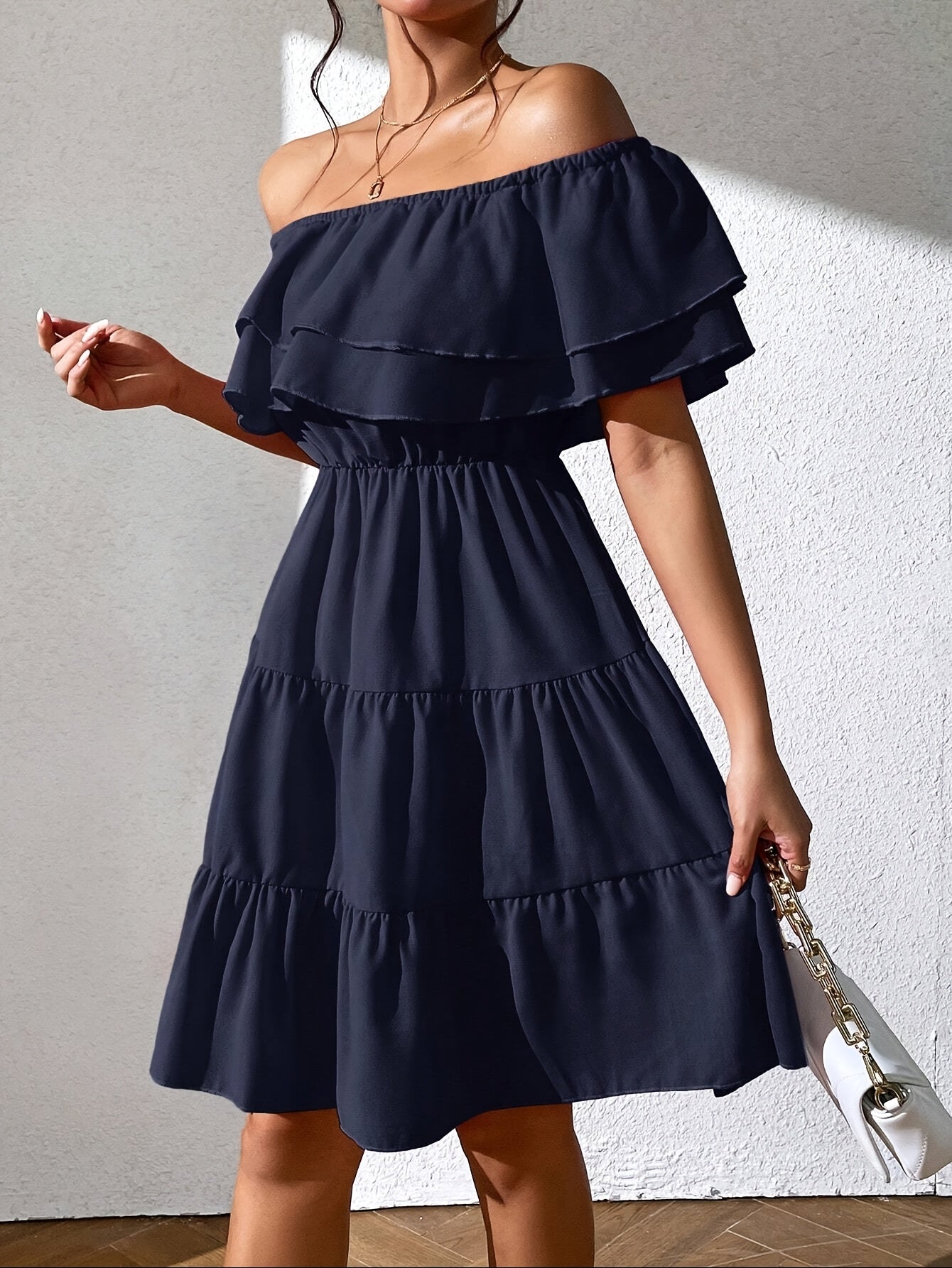 Women'S Off the Shoulder Ruffle Hem Casual Dress, Polyester 100%, Solid Color, Fitted, Woven, for All Seasons