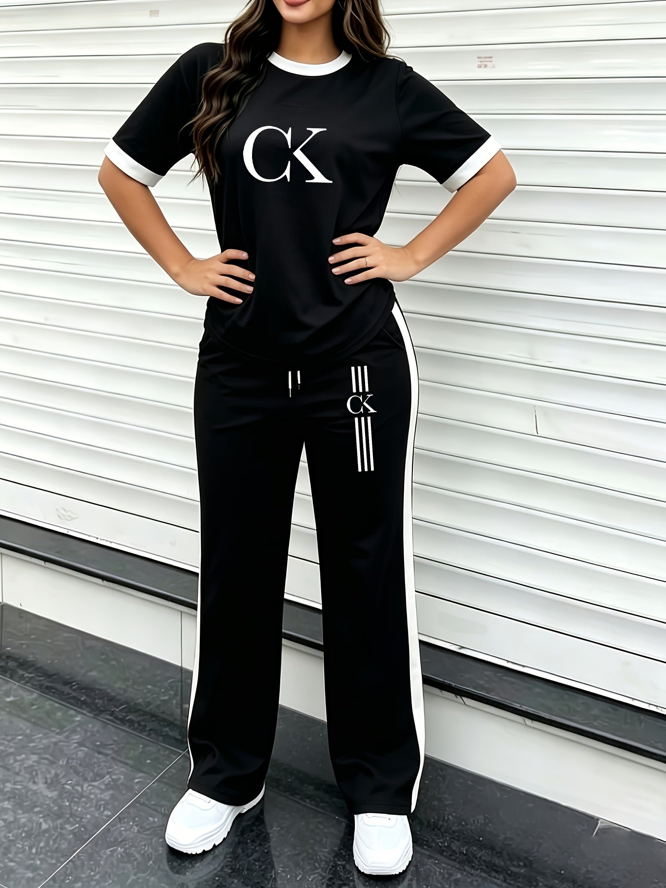 Women's Casual Summer 2-Piece Set with Ringer Neck Top & Wide-Leg Pant