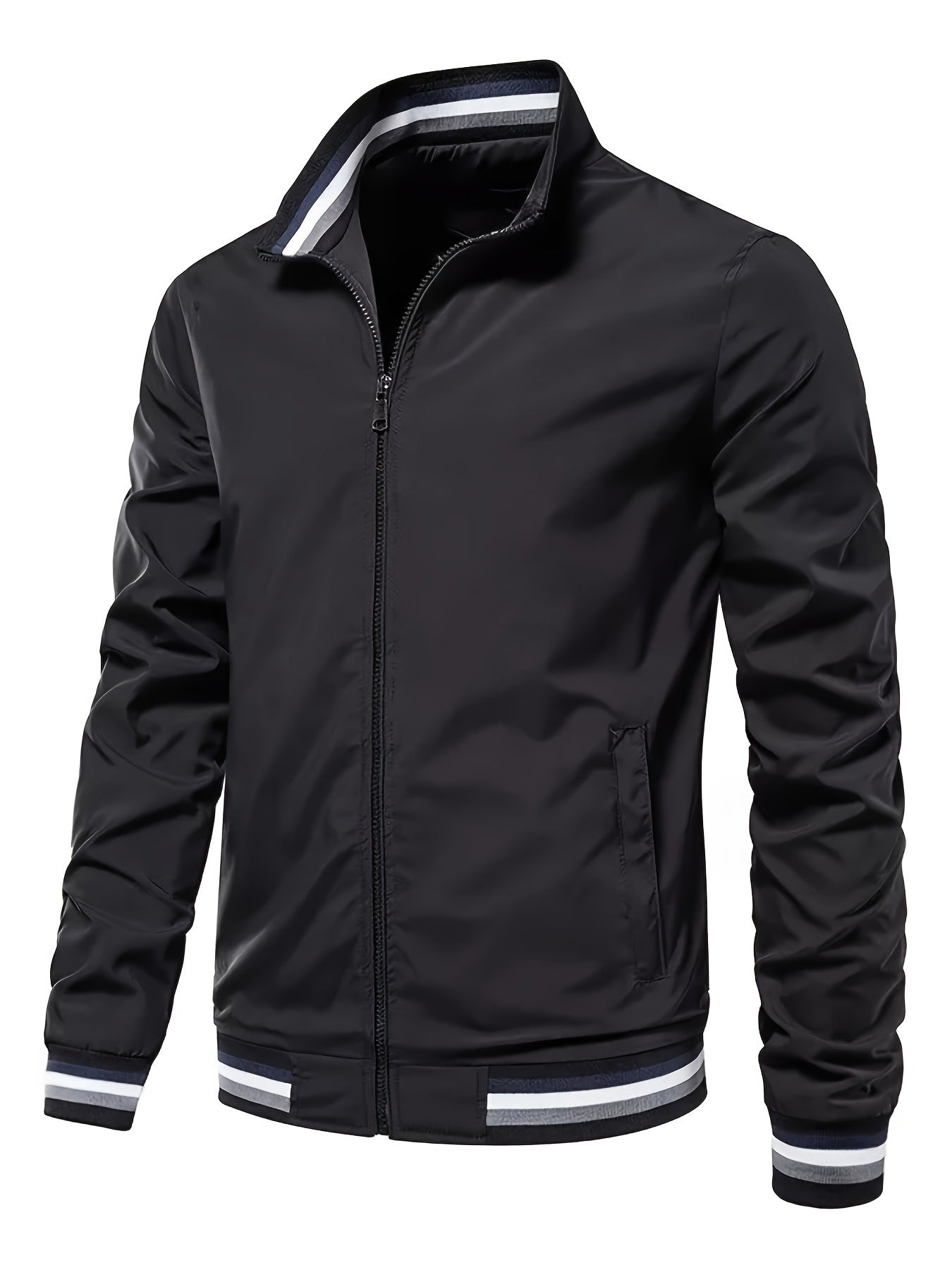 Lightweight And Trendy Men's Long Sleeve Zipper Jacket With Stand Collar, Pockets And Stripe Pattern Pieces, Suitable For Spring And Autumn Outdoors Activities