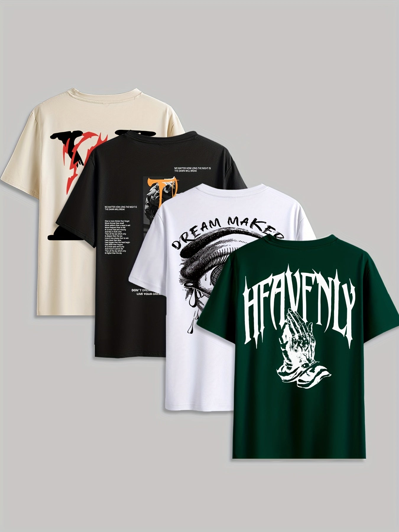 4pcs Men's Graphic Tees - "Heavenly" More Designs, Casual Crew Neck Short Sleeve T-Shirts in Beige, Black, White - Lightweight Polyester for Summer Outdoor Wear