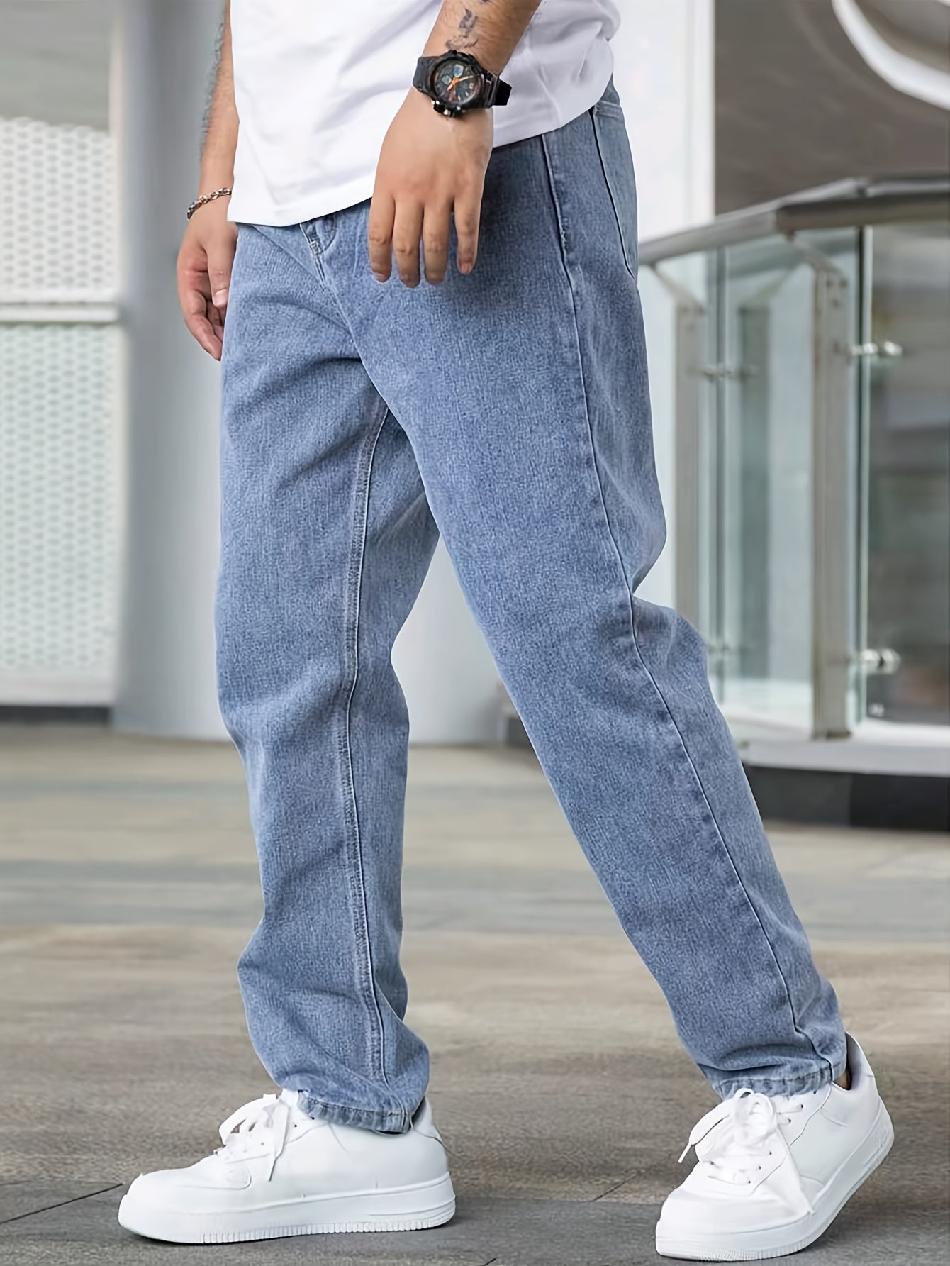 Men's Classic Straight-Leg Denim Jeans - Casual Style, Non-Stretch, Machine Washable, Solid Light Blue, Cotton/Polyester Blend, All-Season Wear, Comfortable Clothing|Timeless Style|Nonstretch Jeans