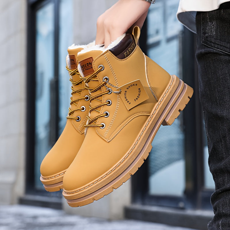 Men's Heavy-Duty Winter Snow Boots - Insulated & Slip-Resistant -like Upper, Thermal Insulation & Cushioned Insole, Large Size Availability (Beige/Brown/Coffee) - All-Terrain Traction Tread, Round Toe & Lace-Up Closure for Hi