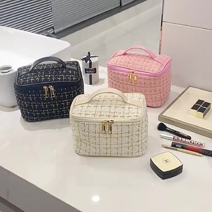 Elegant Plaid Cosmetic Bag - Large Capacity Travel Makeup Organizer with Dual Zippered Compartments, Portable Toiletry Storage in Light Blue/White/Pink/Red/Navy/Black, Polyester Material, Hand Wash or Dry Clean, Toiletry Trav