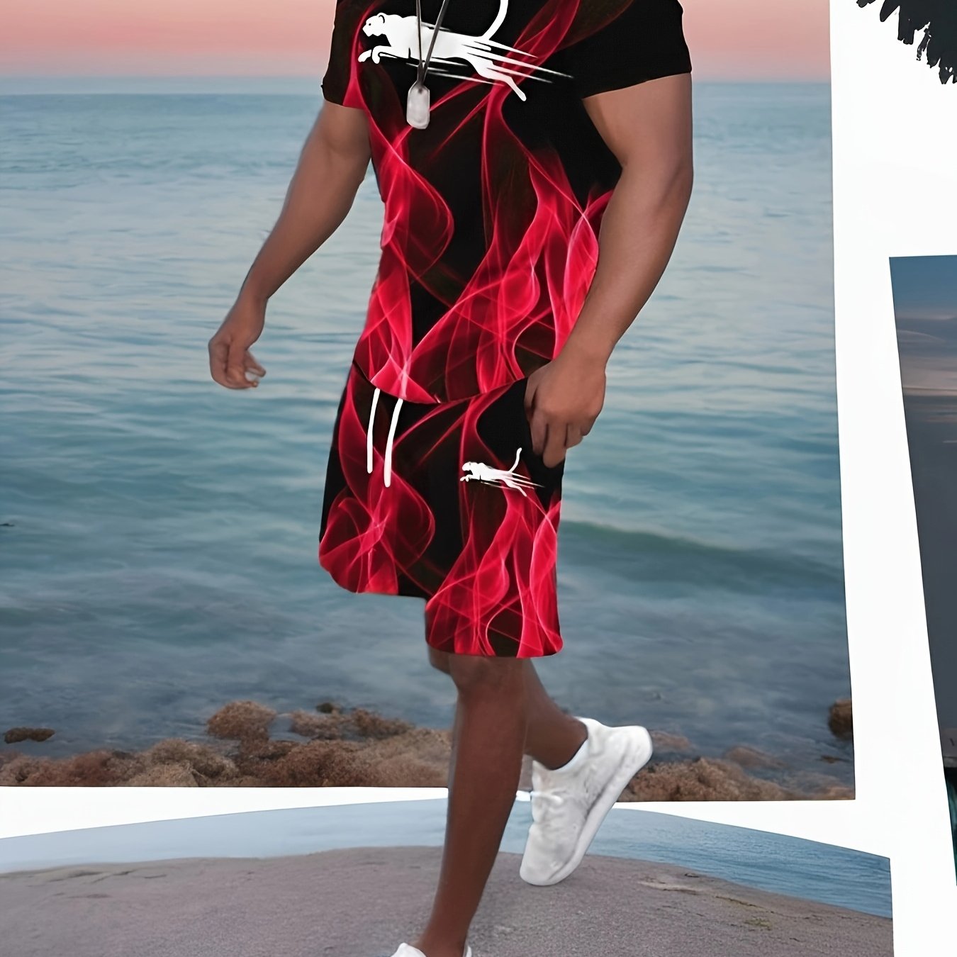 Men'S Casual Crew Neck T-Shirt Dress, 3D Print All Over, 90% Polyester 10% Spandex, Slight Stretch Knit Fabric, Regular Fit, 150Gsm - Comfortable Summer Fashion