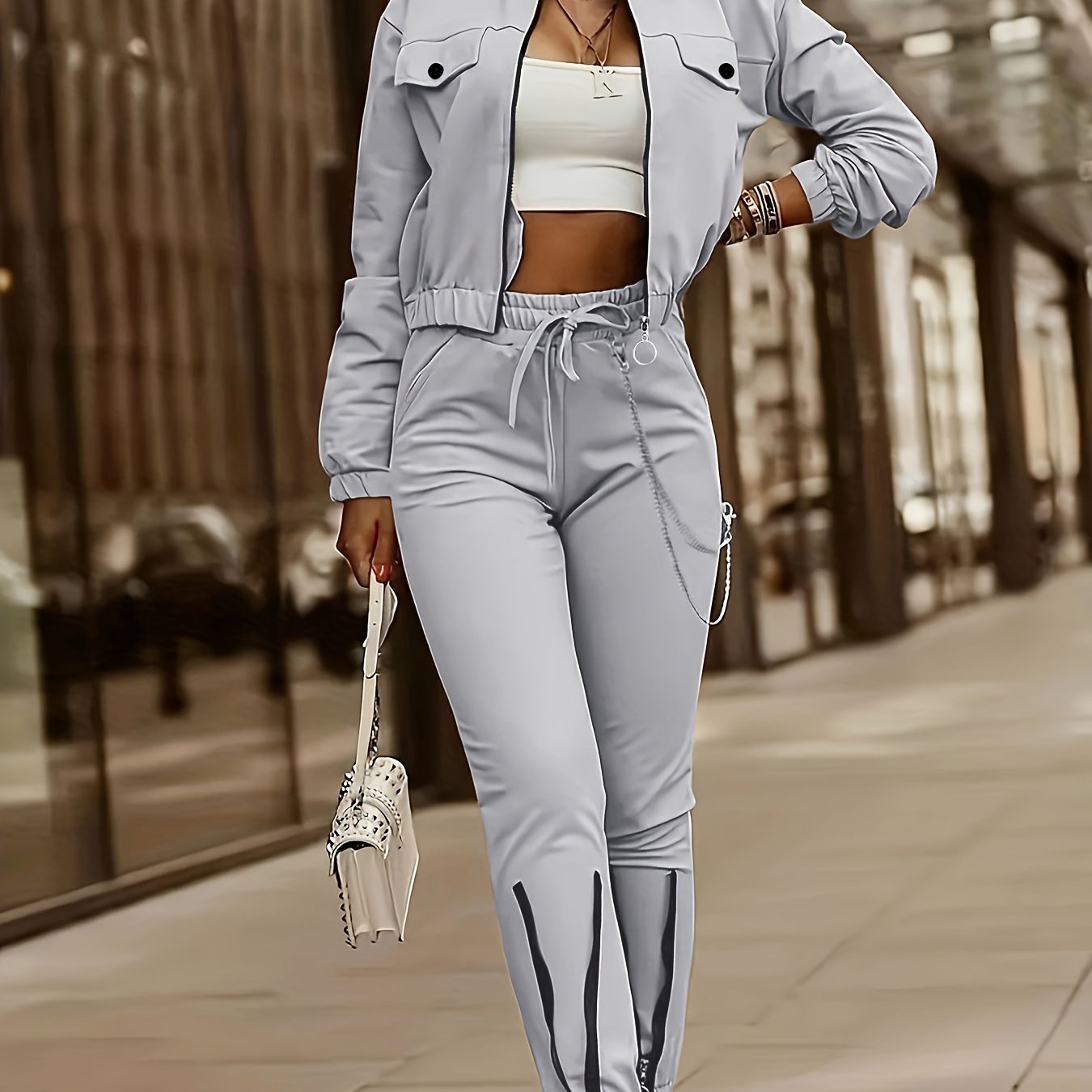 Cross-Border Women'S Two-Piece Set with Zip Long-Sleeve Top And Pants Featuring a Patchwork Zip Design, Casual Outfit