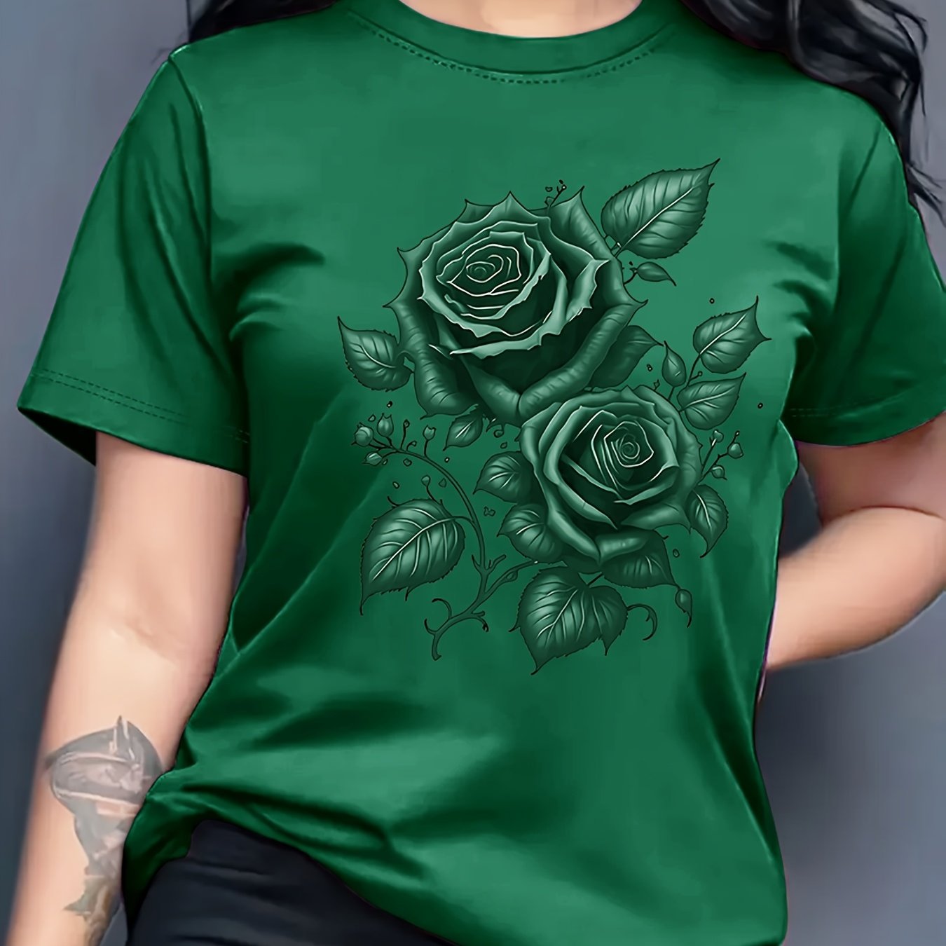 Women's Light Blue Yellow Rose Print T-Shirt - Short Sleeve Crew Neck Casual Top with Medium Stretch, Machine Washable & Breathable Fabric for All-Season Comfort, Relaxed Style, Graphic Tee, Stretchy Material, Printed Shirt,