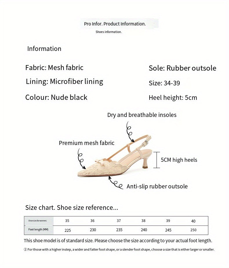 Women'S Elegant Lace-Embroidered Pointed-Toe High Heel Sandals - Beige Block Heel, Ankle Strap with Buckle, Breathable Mesh Upper, Comfortable Summer All-Season Wear, High Heel Sandals