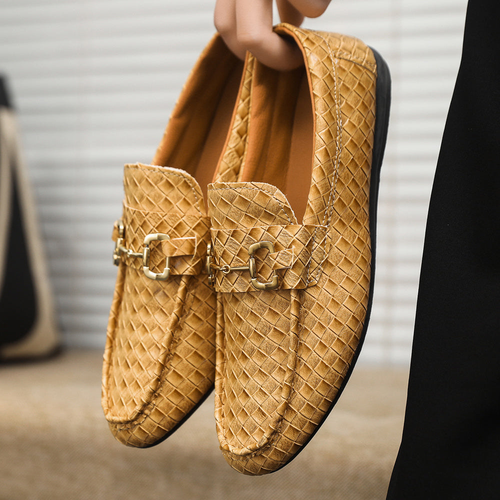 Men's Slip-On Loafers - Black Tan Casual Shoes with Golden-Tone Metal Accents, Round Toe Comfort, All-Season Versatile for Office Social Events, Casual Attire, Elegant Style, Premium Material, Modern Gentlemen