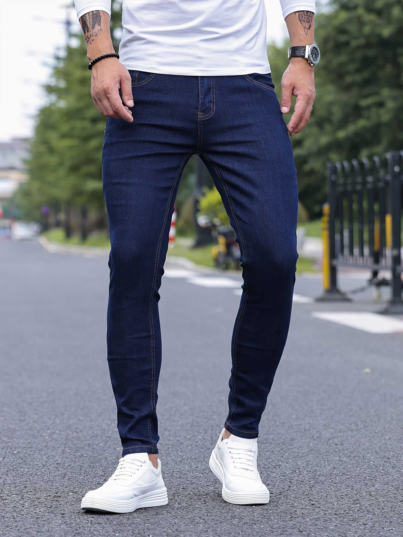 Slim Fit Chic Jeans, Men's Casual Street Style All Match Stretch Denim Pants With Pockets