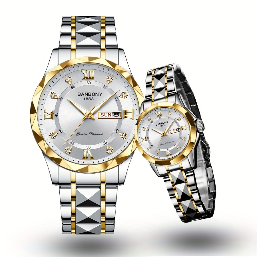 2pcs Couple Watch BANBONY Brand Trendy Fashion Men's and Women's Quartz Watch Stainless Steel Strap with Rhinestone Luminous High-definition Disc Waterproof Night Light Display Week Calendar Display Wristwatch Holiday Gift fo