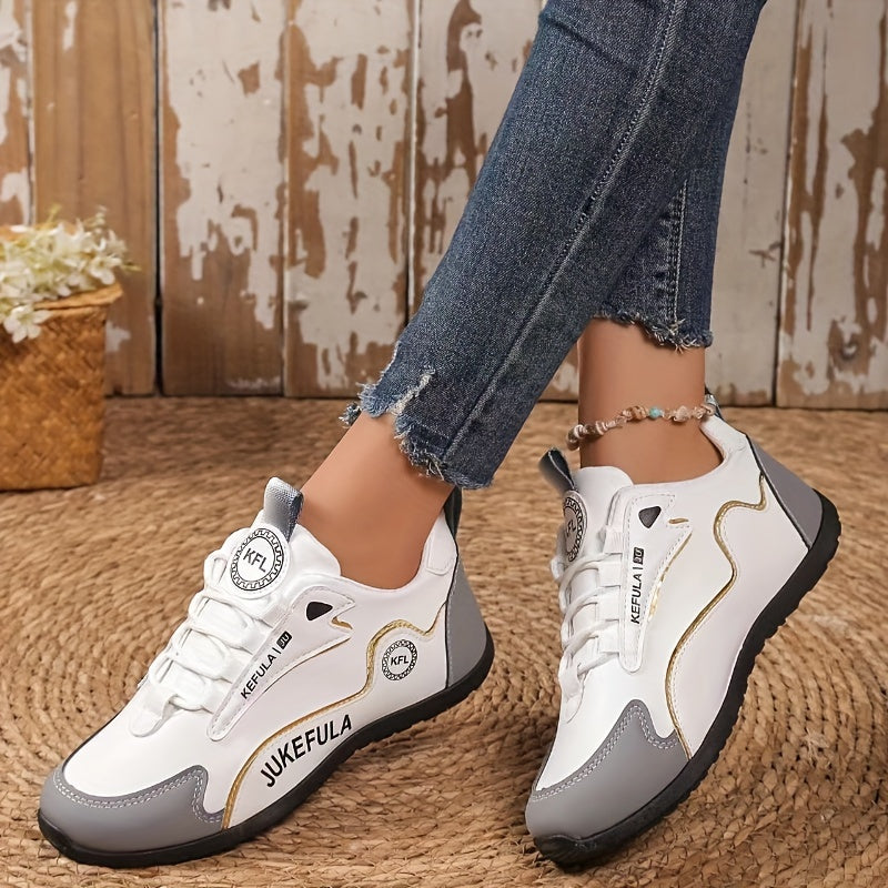JUKEFULA White Women's Outdoor Colorblock Sneakers - Elegant white and grey casual sneakers with soft sole and lace-up design, suitable for all seasons, gym and travel