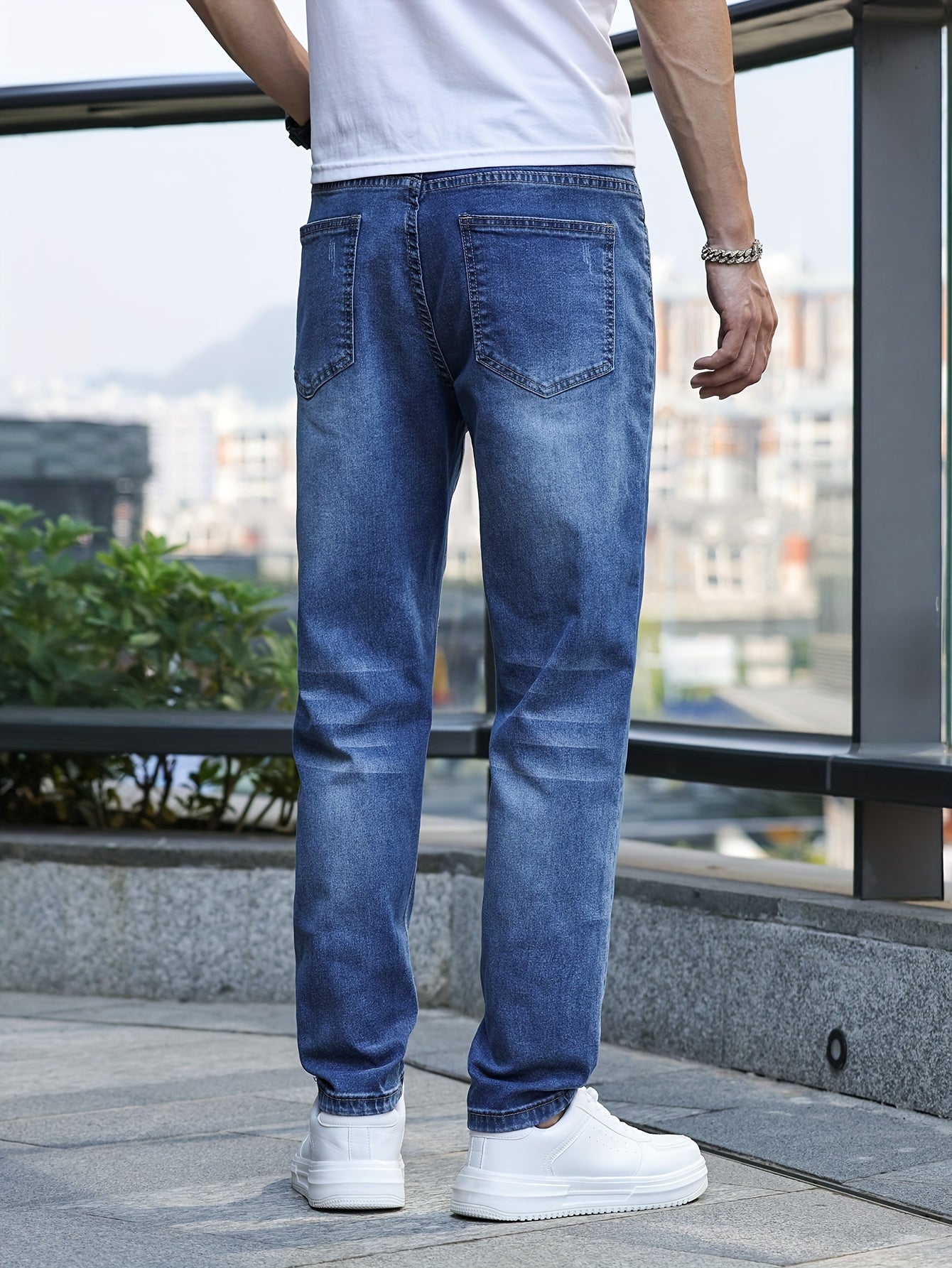 Men's Slim-Fit Stretch Denim Jeans - Casual Street Style, Mid-Rise, Light Blue, Comfortable & Versatile for All Seasons