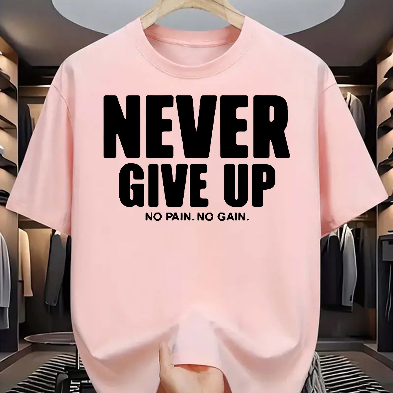 Men'S Casual Crew Neck T-Shirt with "Never Give Up" Print, Polyester Knit Fabric, Slight Stretch, Regular Fit, Summer Short Sleeve Tee for Daily Wear