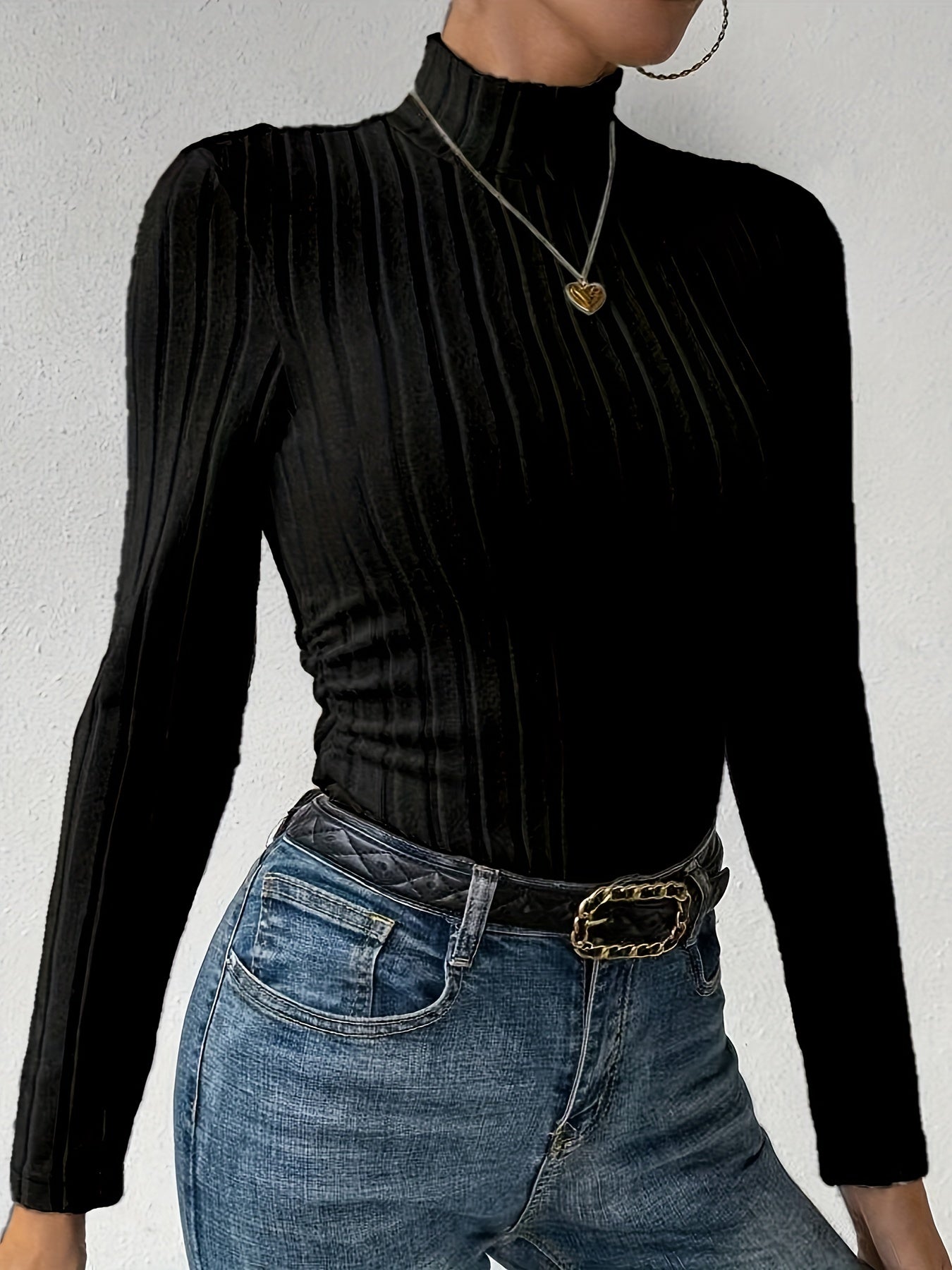 Fashion Ribbed Plain High Collar Long Sleeve Top Knitted Pullover
