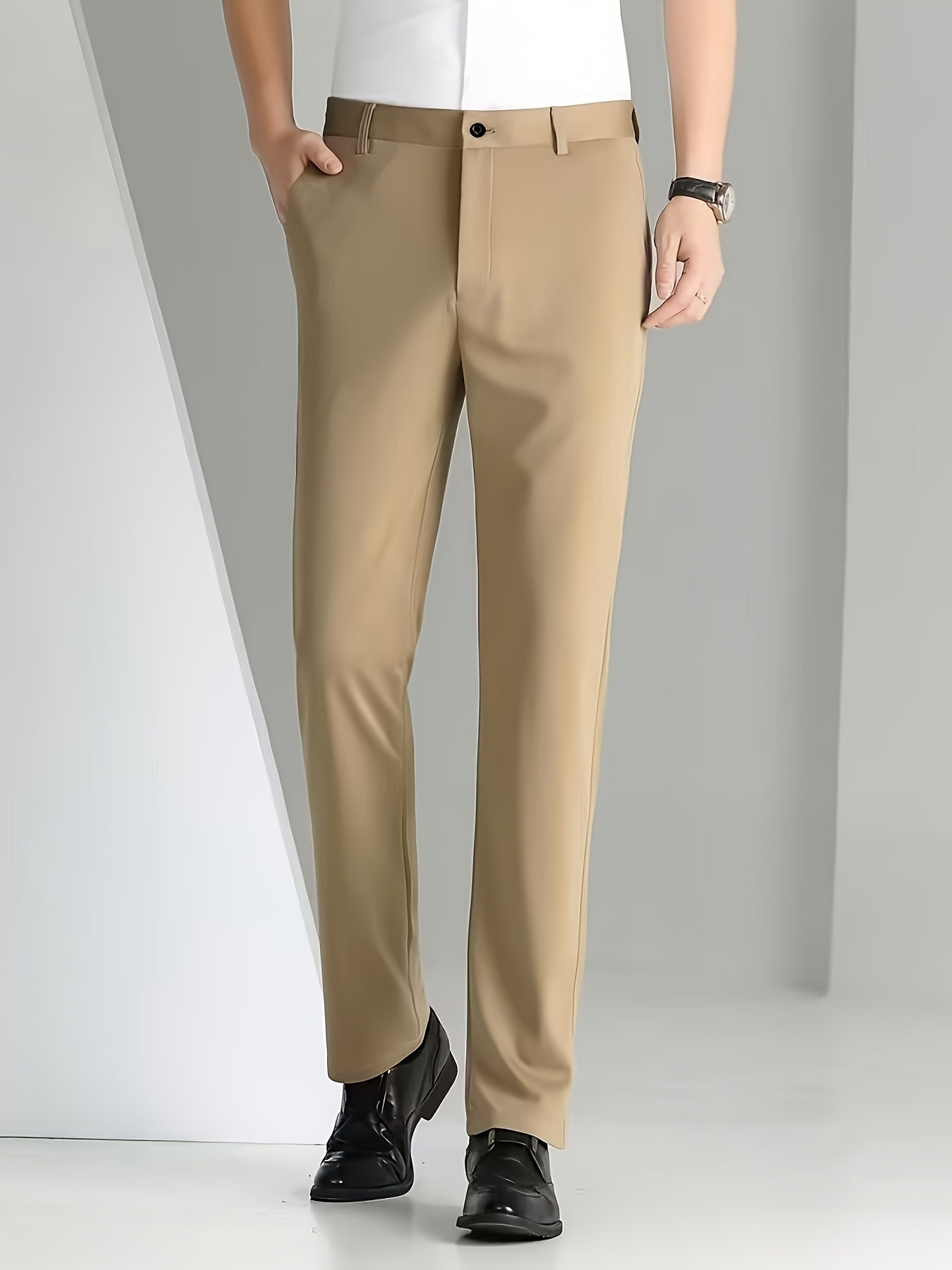Men's Sleek Business Casual Dress Pants - Solid Black, Straight Leg, Wrinkle-Resistant Polyester Blend, All-Season Formal Trousers with Button Detail